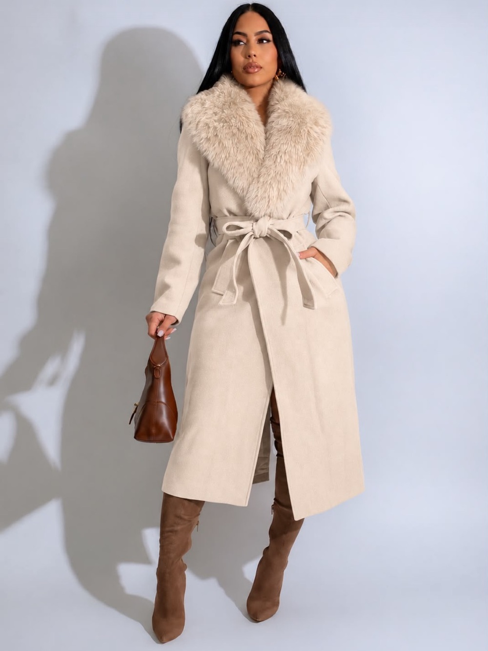 Classic Faux-Fur Collar Long Coat with Tie Belt